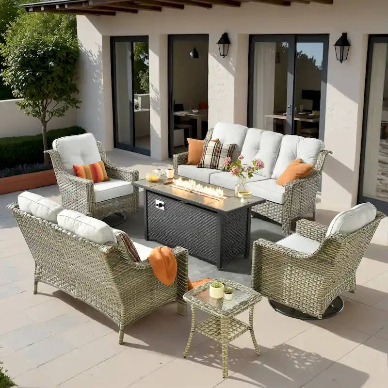 XIZZI 6-piece Patio Wicker Furniture Set with Fire Pit Table