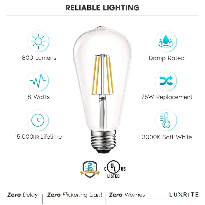 Luxrite LED Edison Bulbs 75W Equivalent ST19 ST58 3000K Soft White 800 Lumens Dimmable 8W Damp Rated UL E26 6 Pack