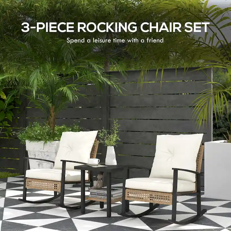 Outsunny 3 Piece Patio Bistro Set, Wicker Furniture Set with Button Tufted Cushions, Rattan Rocking Chairs and Coffee Table