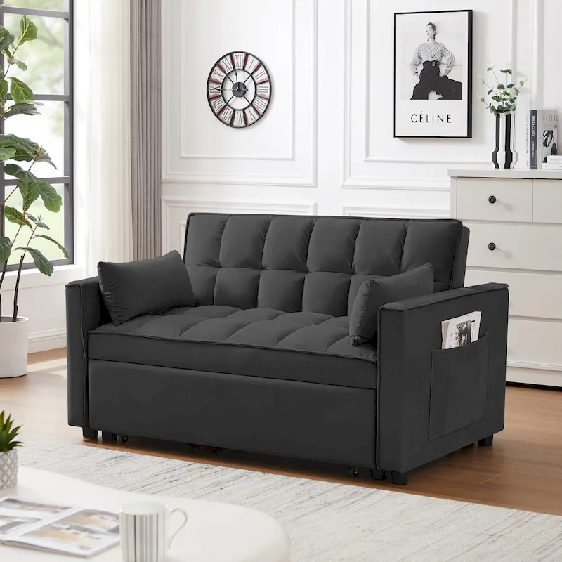 Black 55.2 Velvet Pull-Out Sofa Bed with Toss Pillows and Pockets