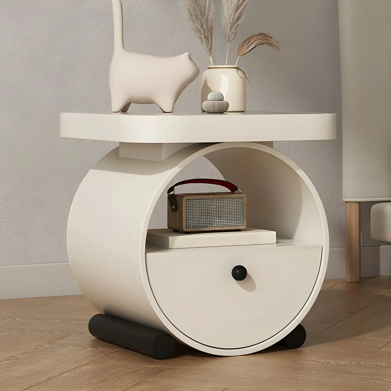 Khaki Beige Round Wooden Nightstand with Shelf & Drawer