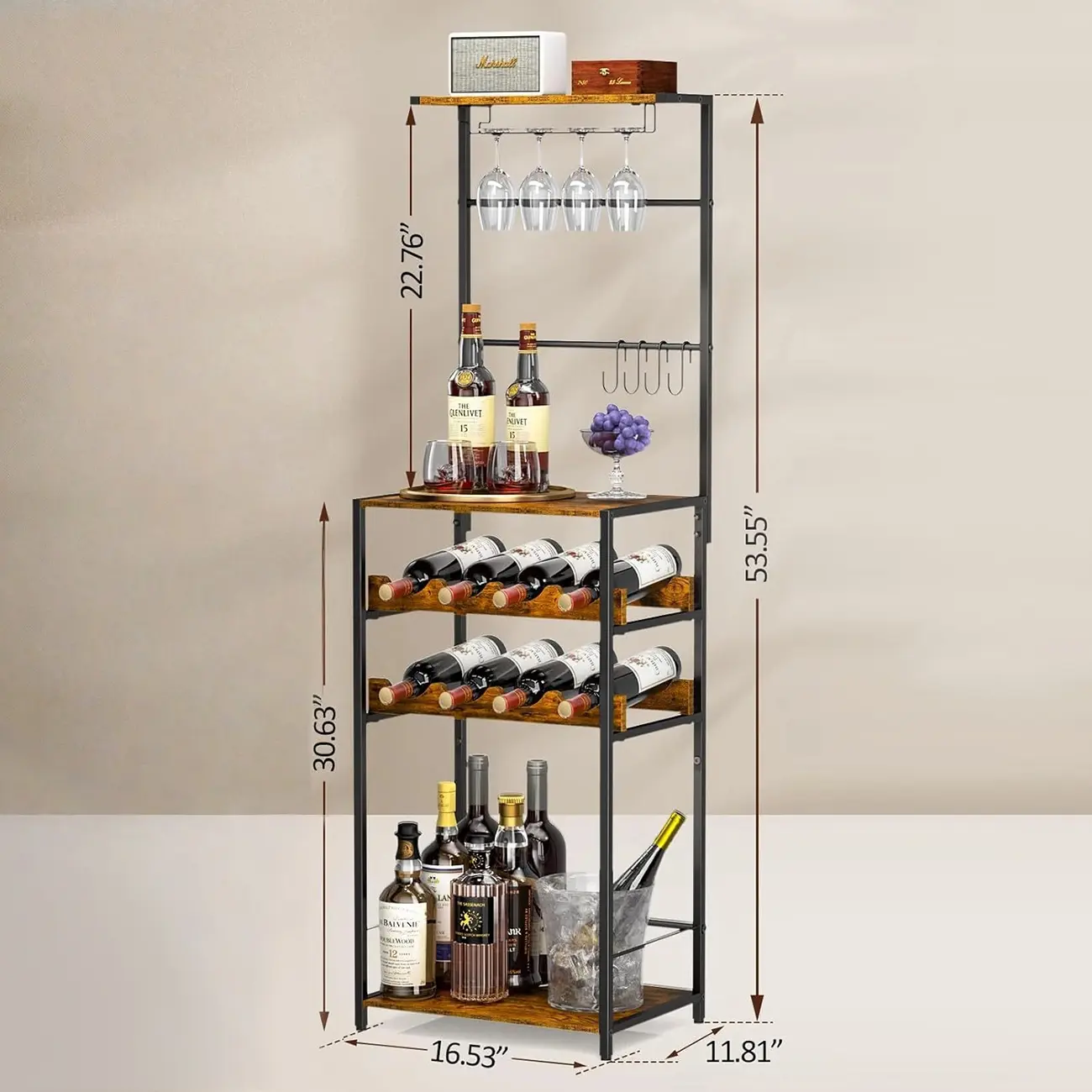 5-Tier Freestanding Wine Rack with Glass Holders and Hooks