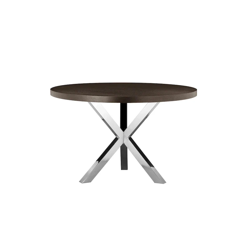 Emi 47 Inch Round Dining Table, X- Cross Brushed Steel, Dark Brown Wood