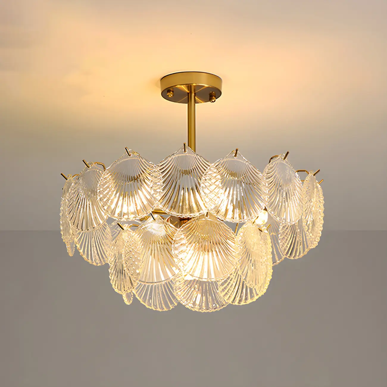 Adjustable Elegant Gold Unique Layered Scallop Glass Chandelier