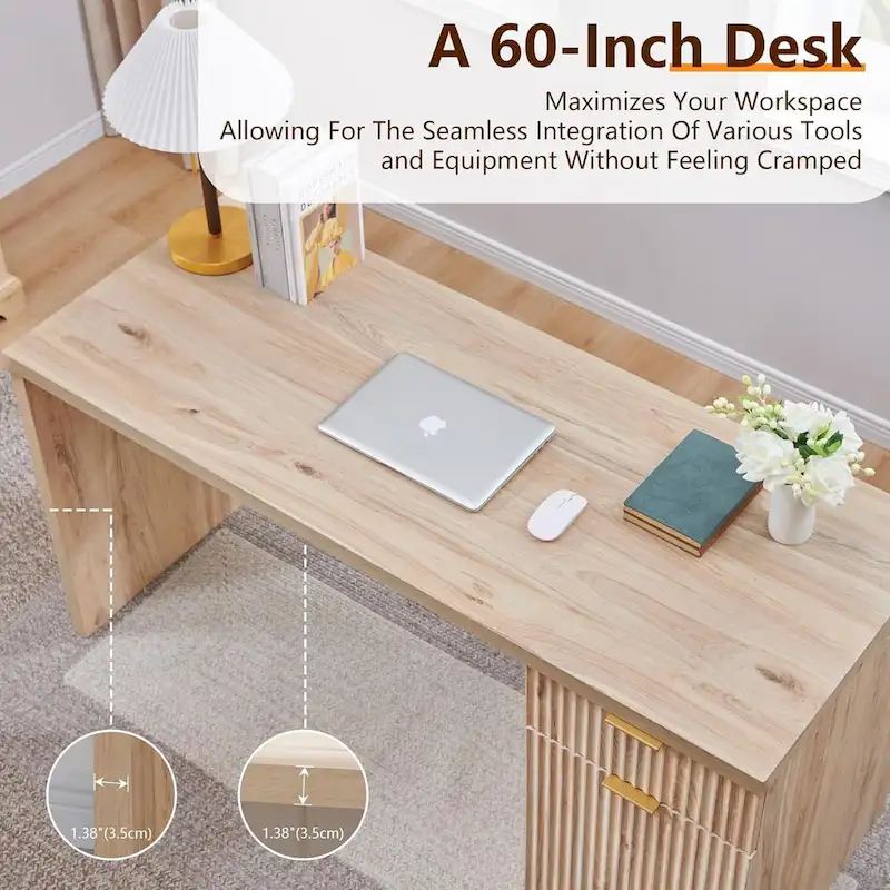 60 Modern Executive Desk, Wood Home Office Desk, Fluted Computer Desk