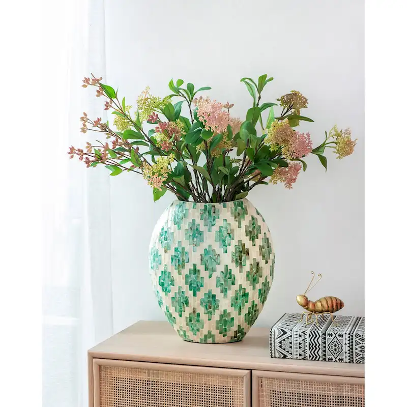 A&B Home Green and Tan Diamond Pattern Capiz Vase