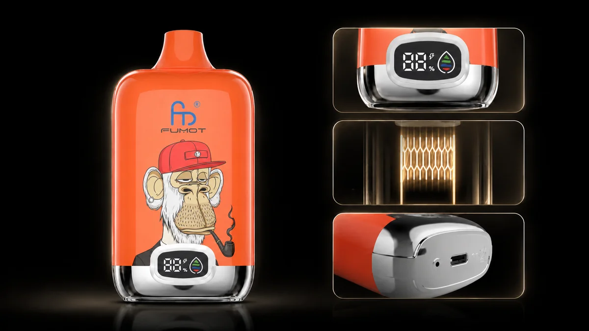 Fumot Digital Box 12000 Red Apple Ice Vape Funktionsdetails mit Display, Mesh Coil und Ladeanschluss