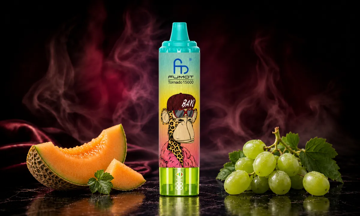 FUMOT Tornado 15000 Green Grape Melon – E-Zigarette in einer atmosphärischen Produktszene