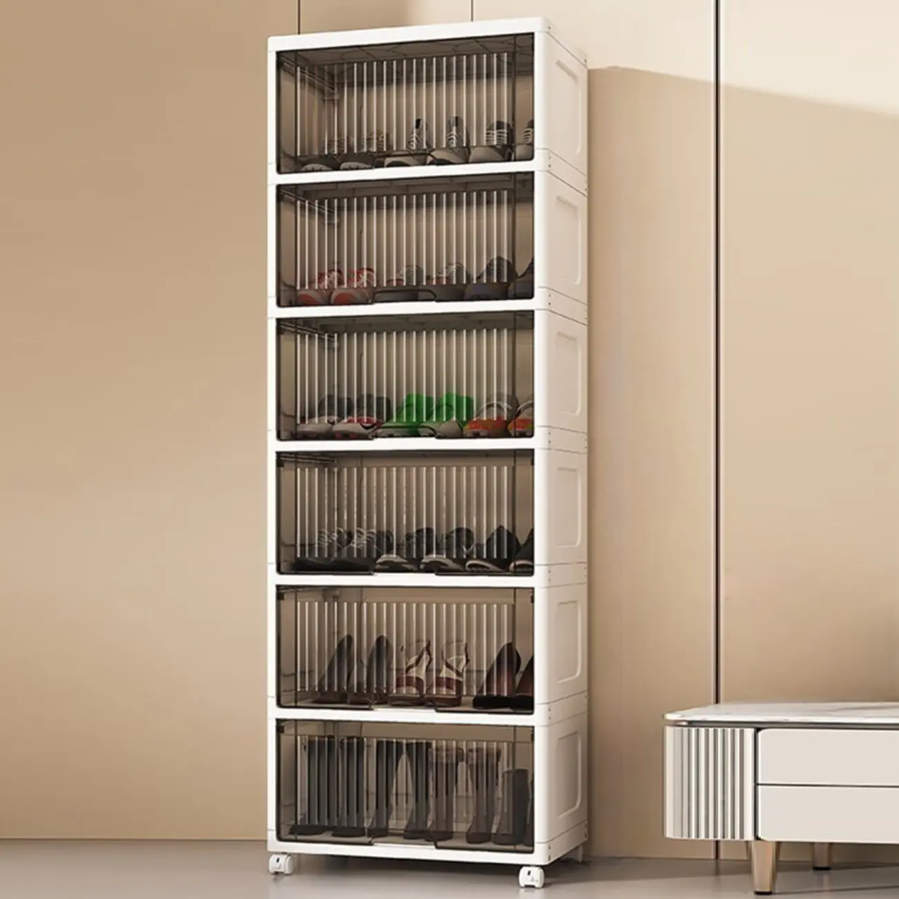 Hallway White Plastic Drop-Front Shoe Cabinet with Casters