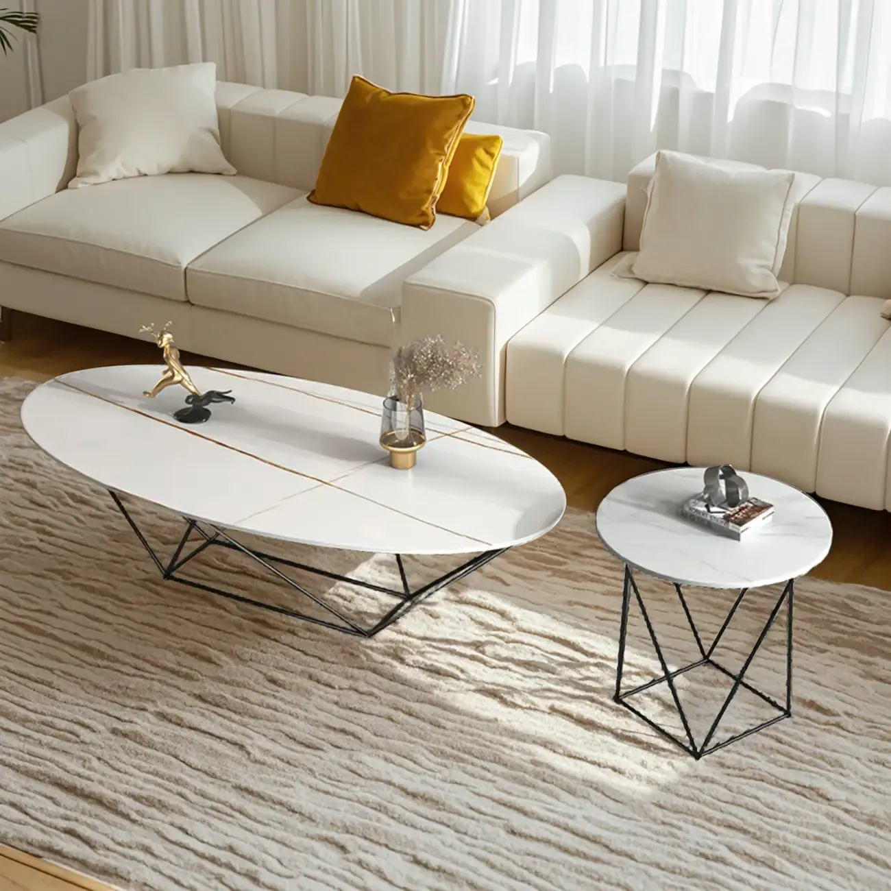 Stylish Metal Black Oval Coffee Table with Geometric Base