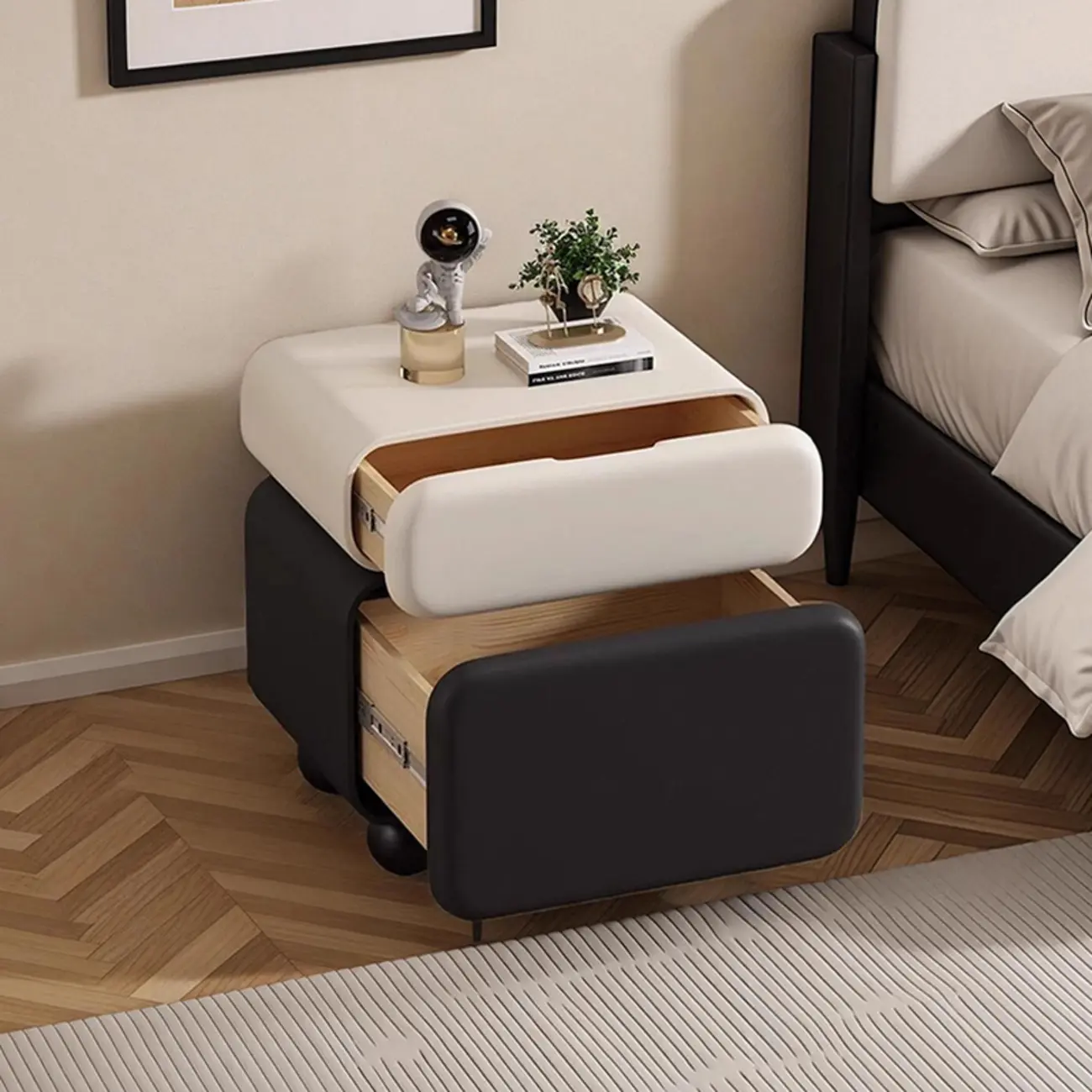 Sleek Black & White Two Drawers Bedside Nightstand