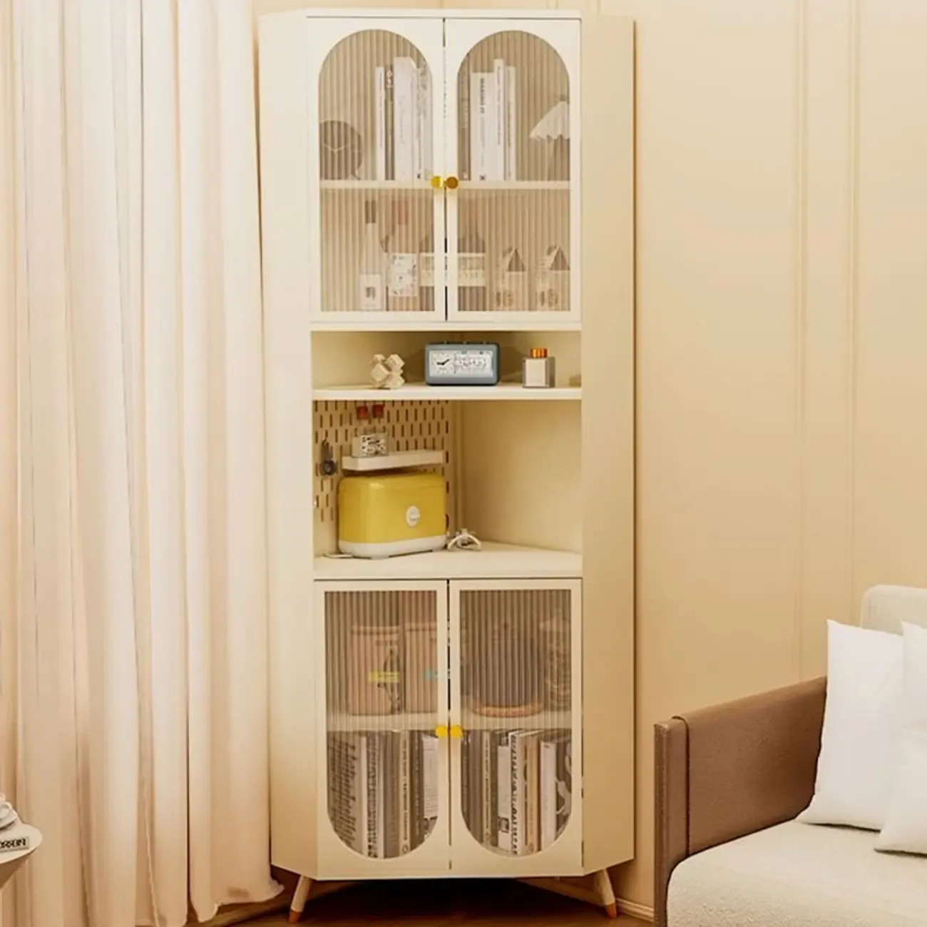 Versatile Ivory Wood Glass Door Storage Corner Cabinet