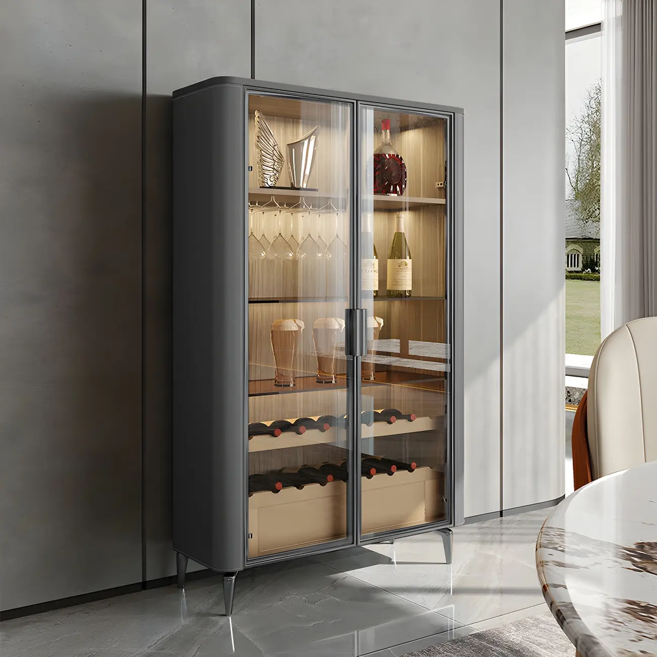 Glam Wooden Orange Glass Door Wine Display Cabinet