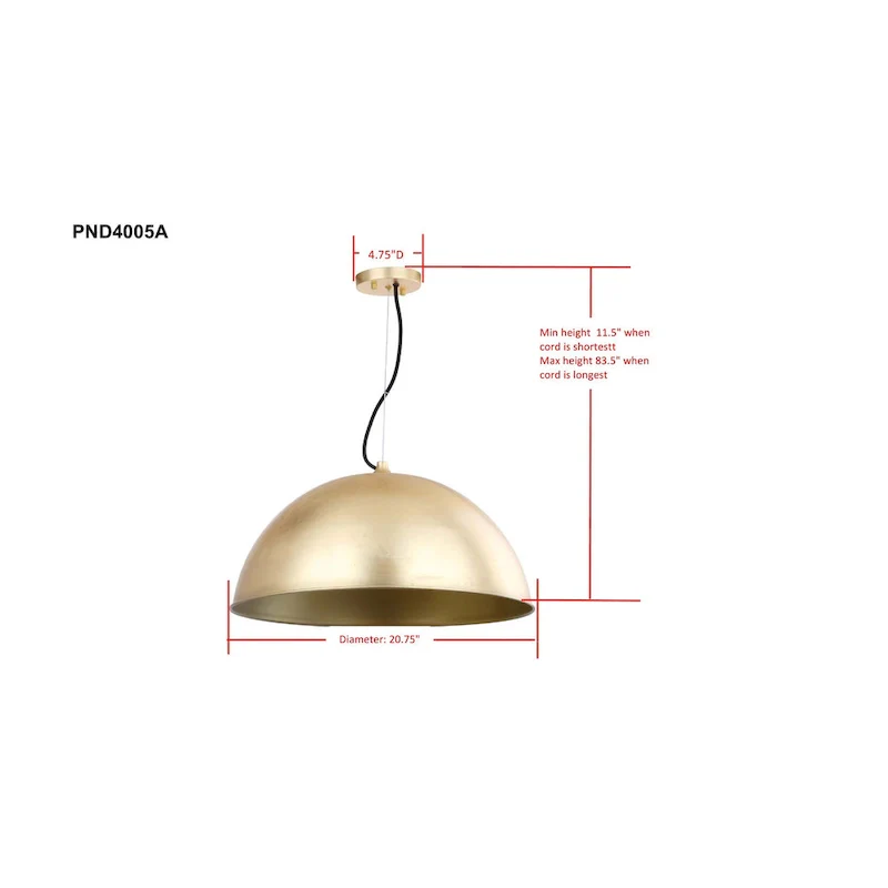 SAFAVIEH Lighting Efrosina Adjustable 1-Light Dome Gold Leaf Pendant - 21  W x 21  D x 11.5-83.5  H - Gold Leaf - 21Wx21Dx84H