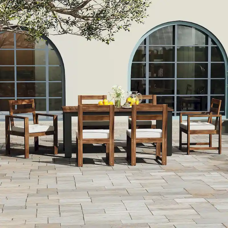7 Piece Patio Table and Chairs Set, Wood Dining Table Set for 6 with Umbrella Hole, 2 Armchairs & 4 Side Chairs