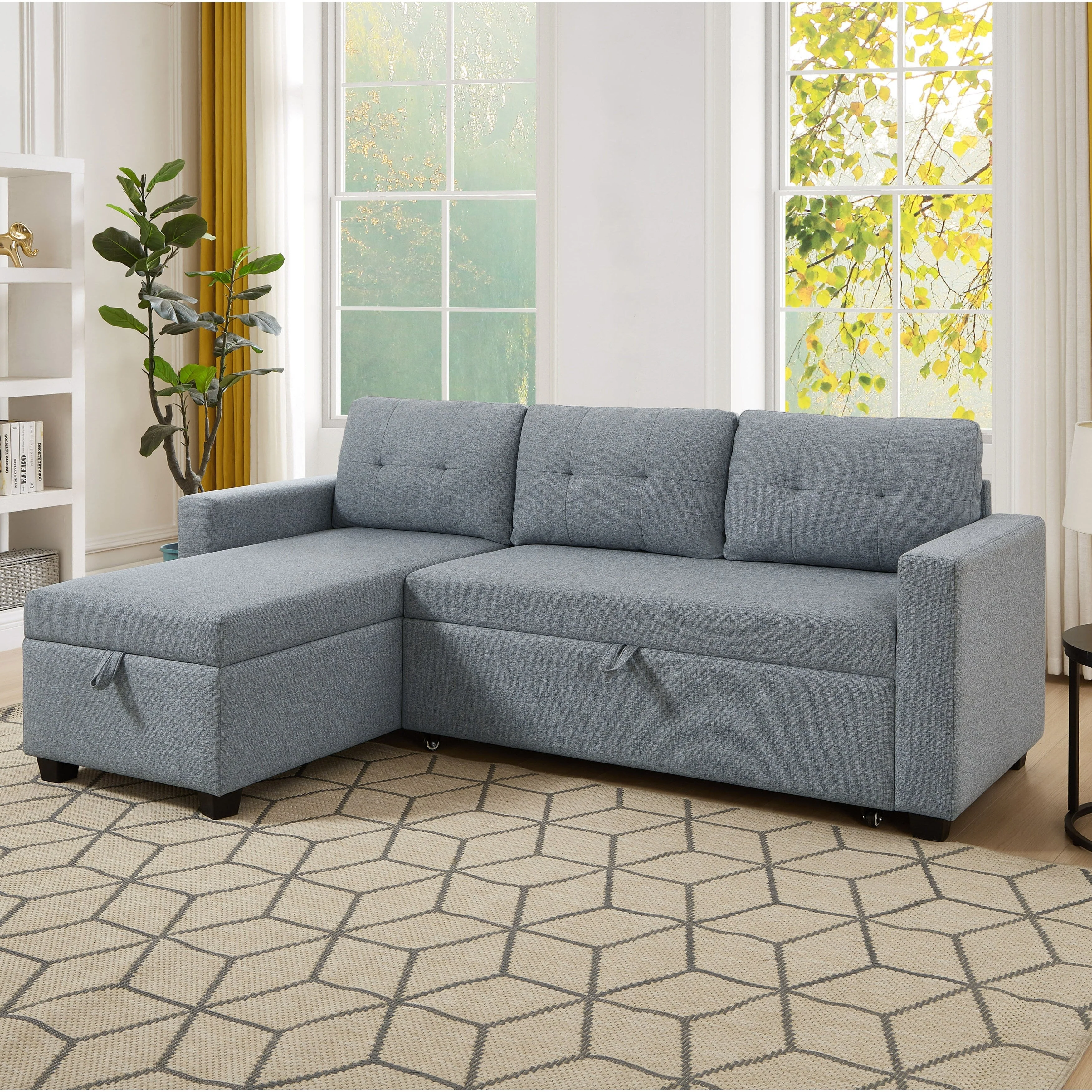 81.5'' Upholstered Convertible 3 Seater Sleeper Sofa with Pull-Out Bed, Reversible Storage Chaise, and Back Cushions
