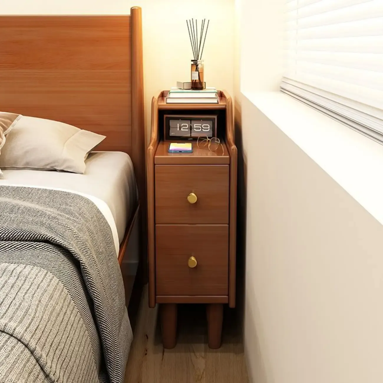 Narrow Wood 2 Drawers Nightstand in Natural Finish