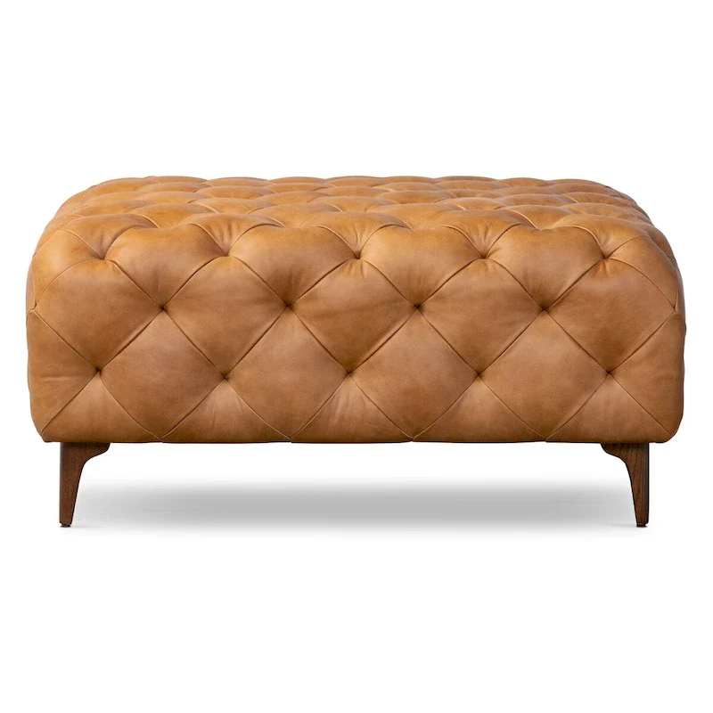 Poly & Bark Turin Ottoman in Cognac Tan with Wood Legs - Full Grain Genuine Italian Leather