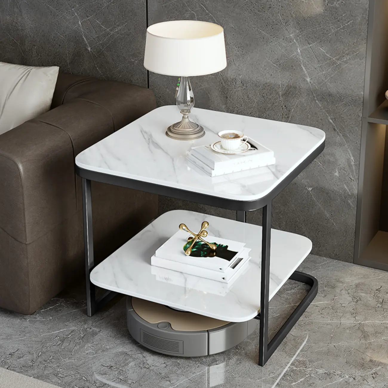 2-Tier C-Shaped Side Table with Shelf