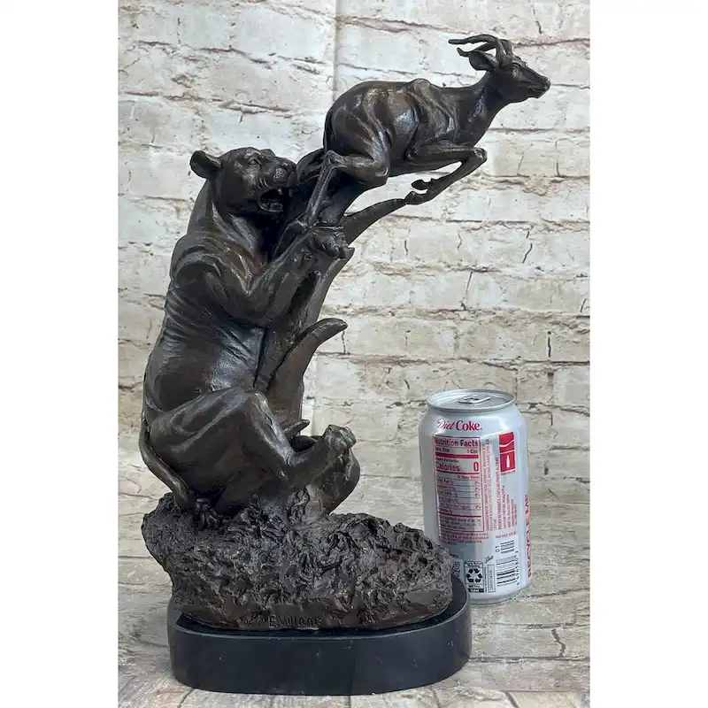 Bronze Statue Sculpture Of Lion Hunting Gazelle Impala Handmade Art Decor Safari