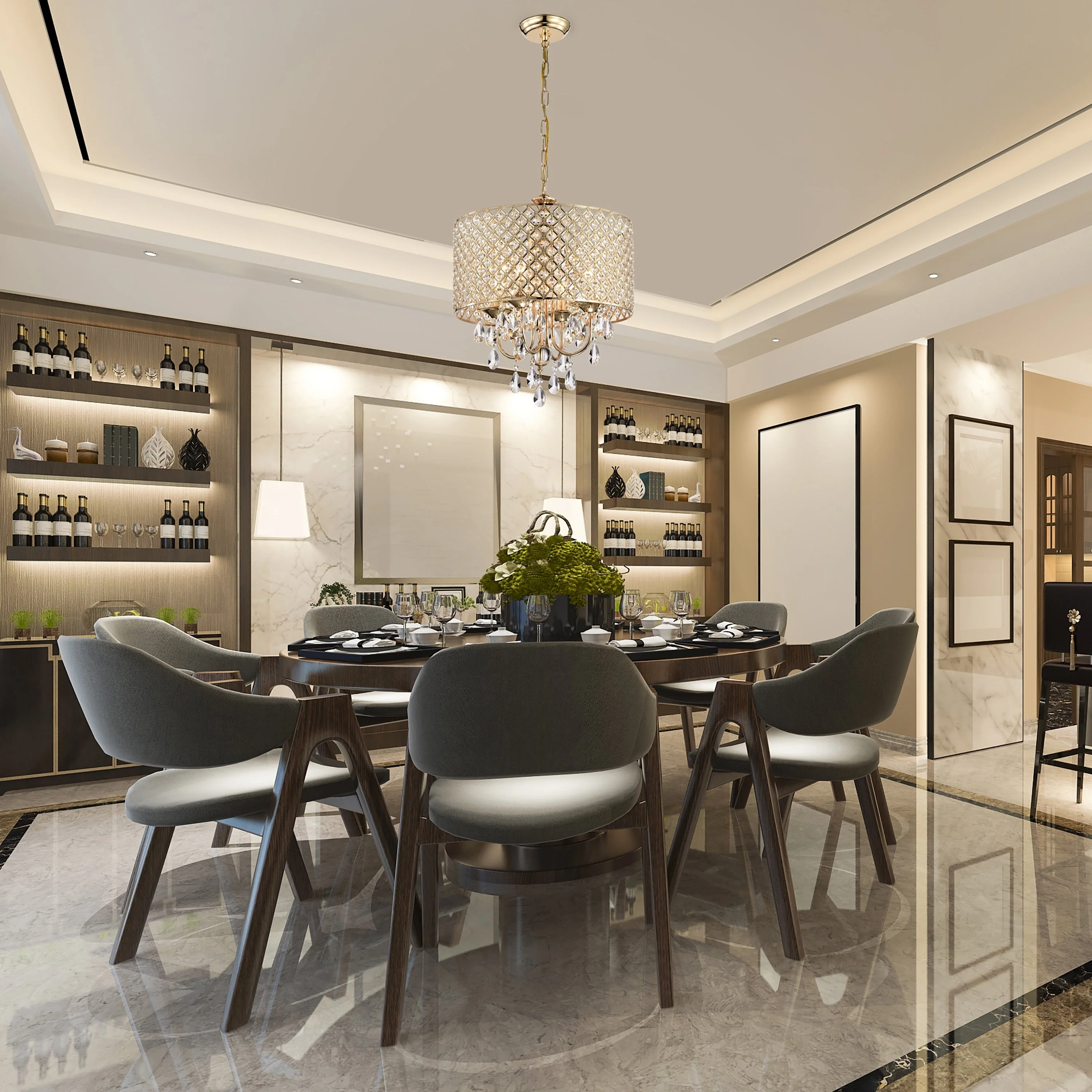 Round Beaded Drum Chandelier with Hanging Crystals