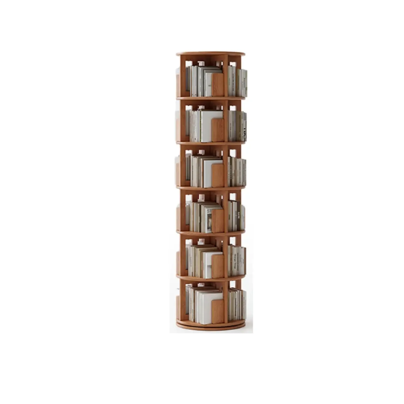 Narrow Cherry Wood Vertical 6 Shelf Rotating Bookshelf