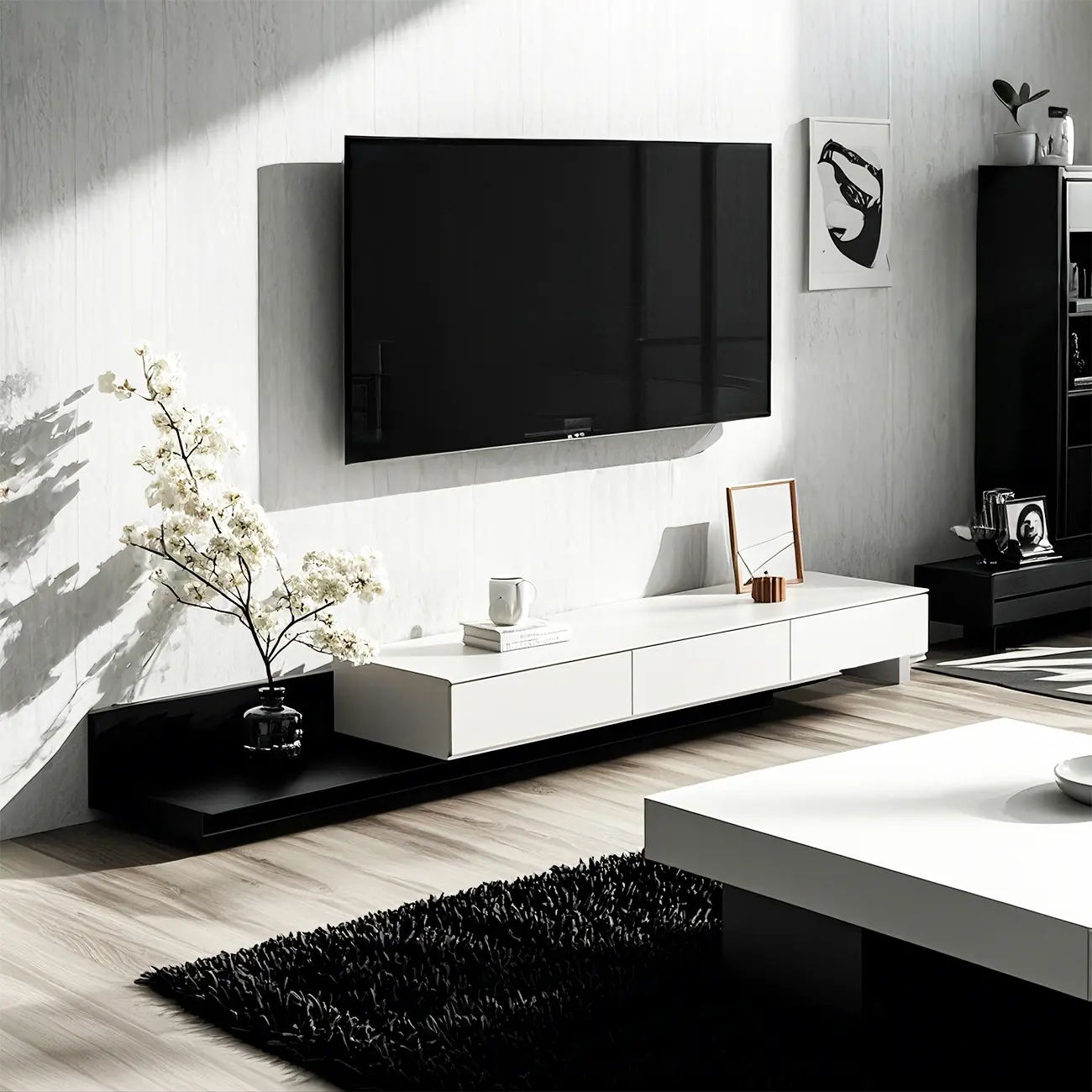 Natural Modern Long Wood Extended Shelf TV Stand with Drawer