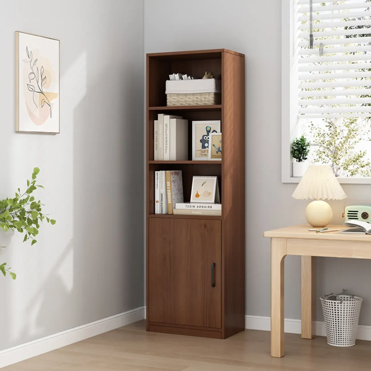 Narrow Modern Nut-Brown Wooden 3-Shelf Bookcase with Cabinet