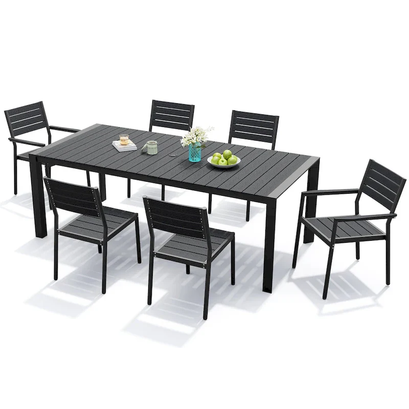 7-Piece Patio Dining Set Aluminum Dining Table with Umbrella Hole and Stackable Chairs
