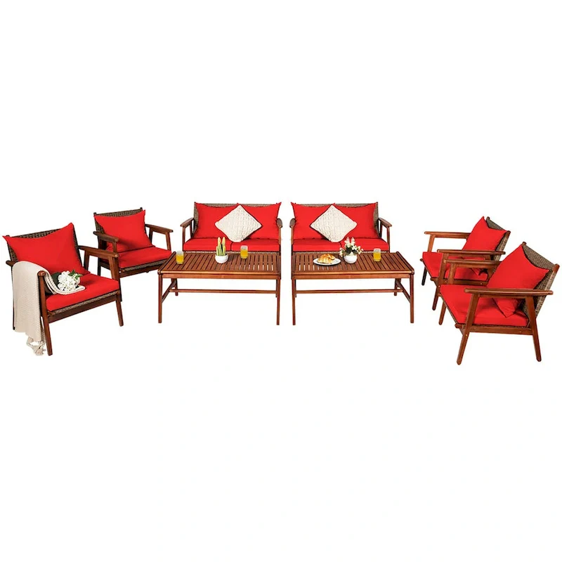 Costway 8PCS Patio Rattan Furniture Set Acacia Wood Frame Cushioned