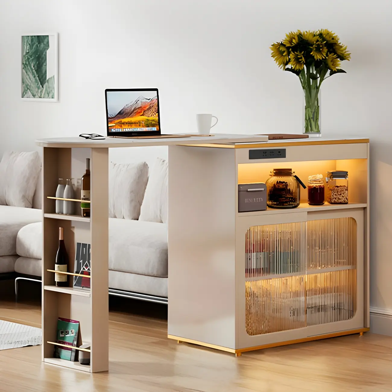 Modern Stone Bar Table with Wood Double Pedestal and Storage