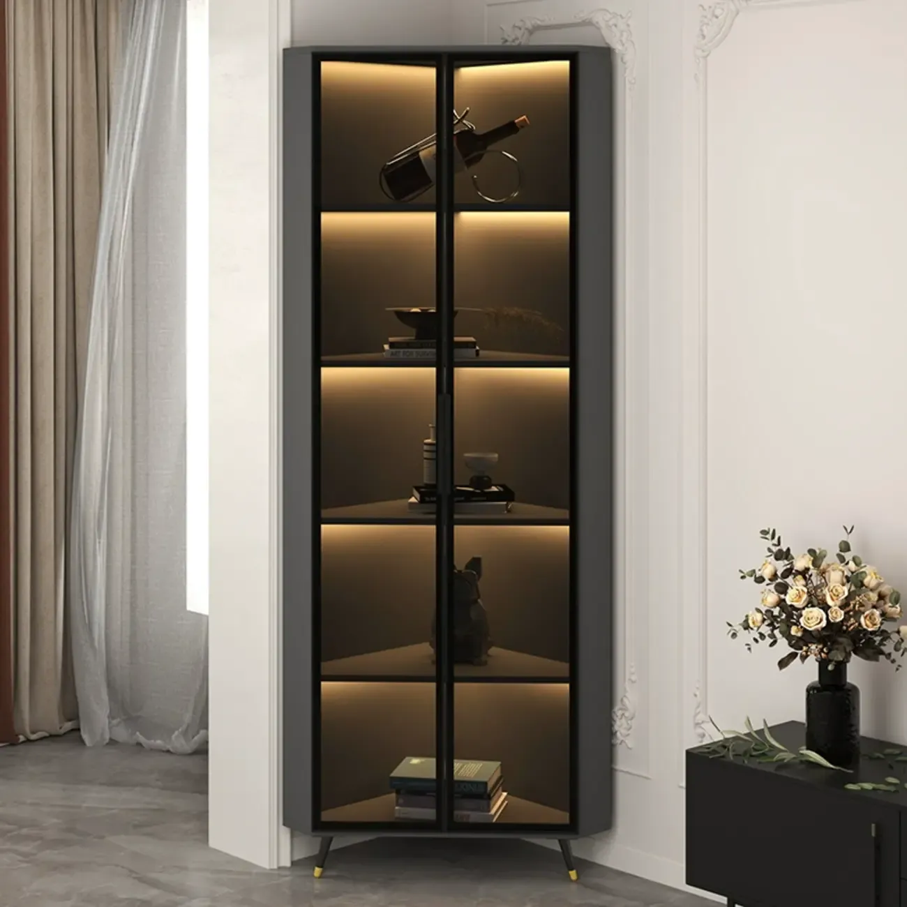 Modern Glam White-Gold Wood Glass Display Cabinet