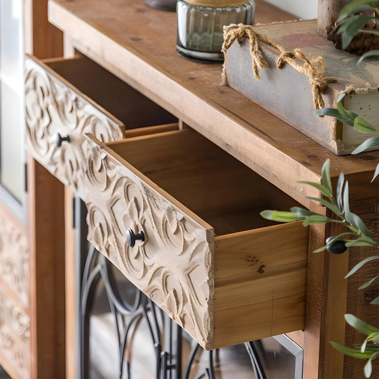 Classic 2-Drawer Brown Medium Wood Glass China Cabinet