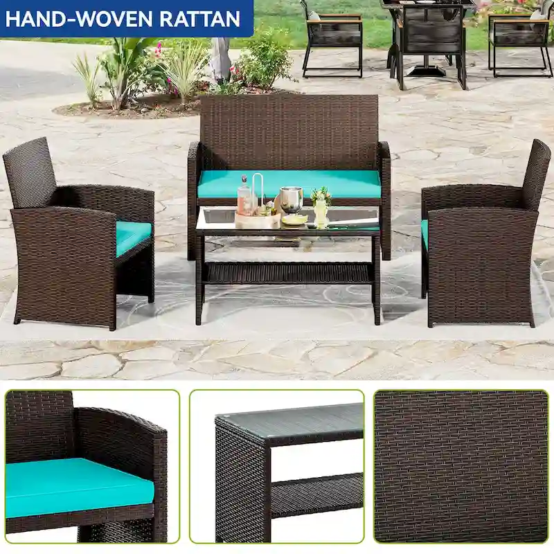 Moasis 4-Piece All Weather Rattan Conversation Loveseat for Backyard - 4 Pcs