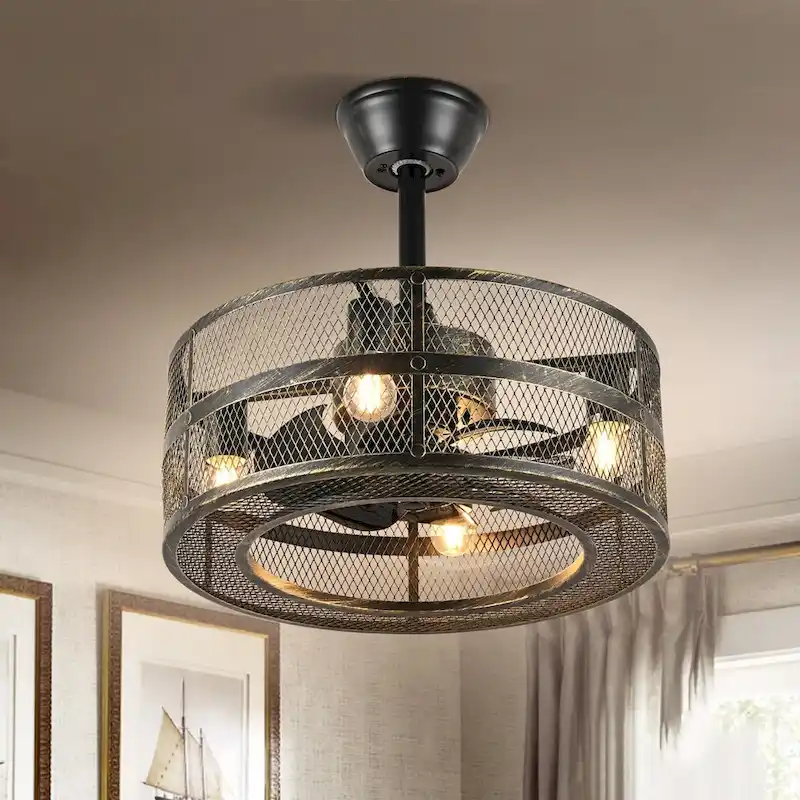 18  Industrial Style Ceiling Fan with Lights and Remote - Antiqued Brass