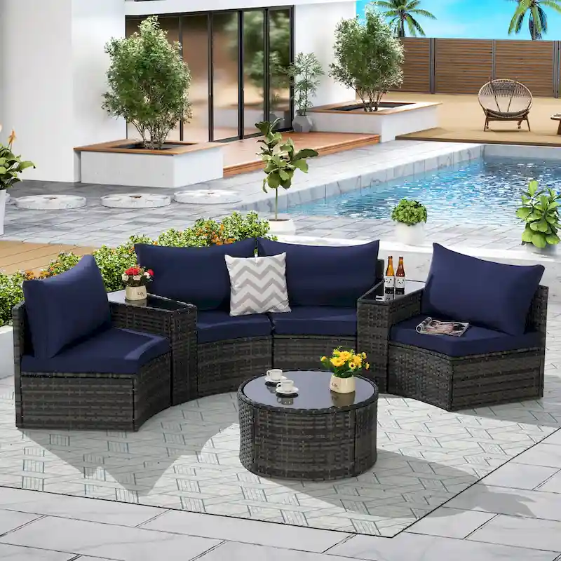 7-Piece Half-Moon Sectional Sofa Set with Glass Table
