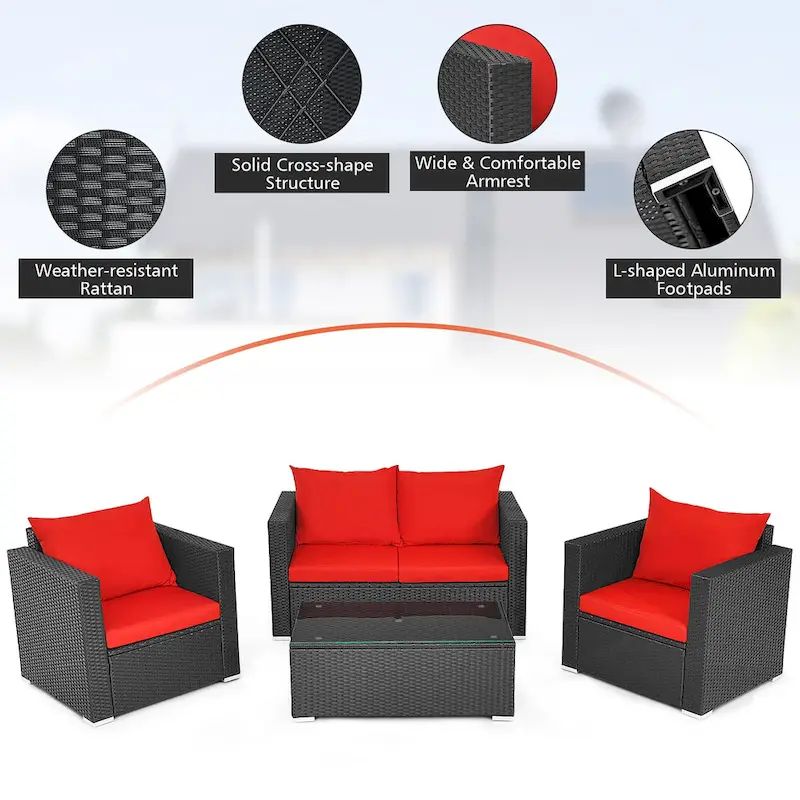 Costway 4 PCS Patio Rattan Furniture Set Cushioned Sofa Chair Coffee - See Description