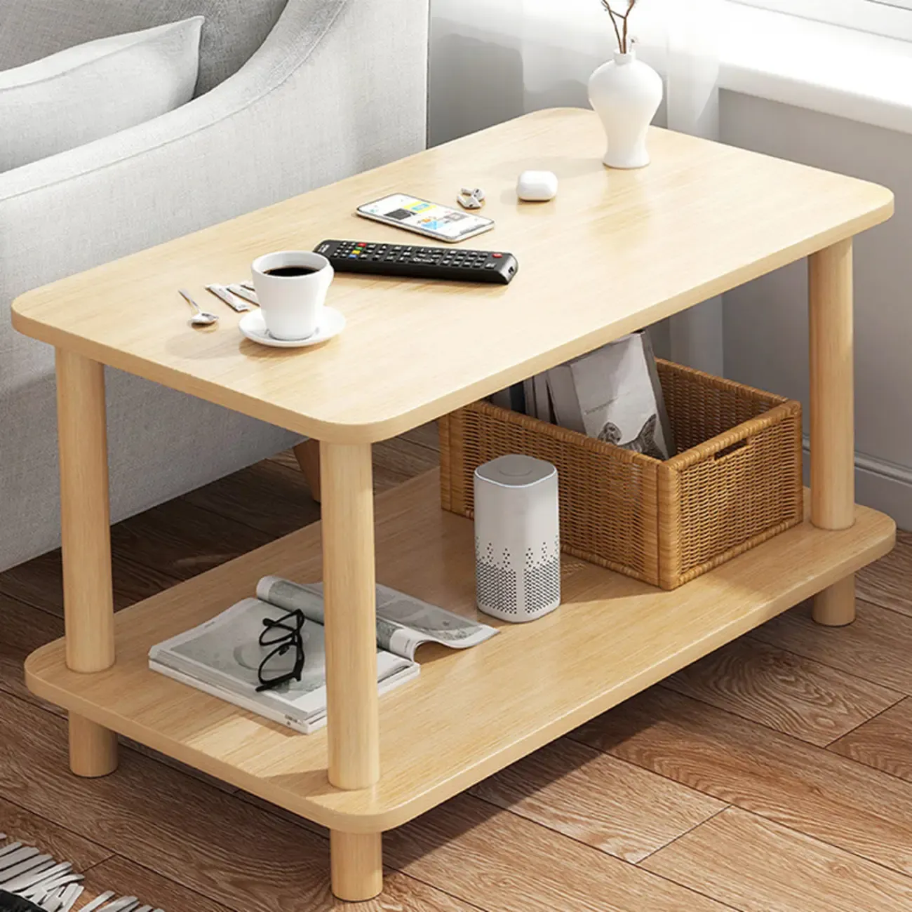 Square White Wood Side Table with Shelf