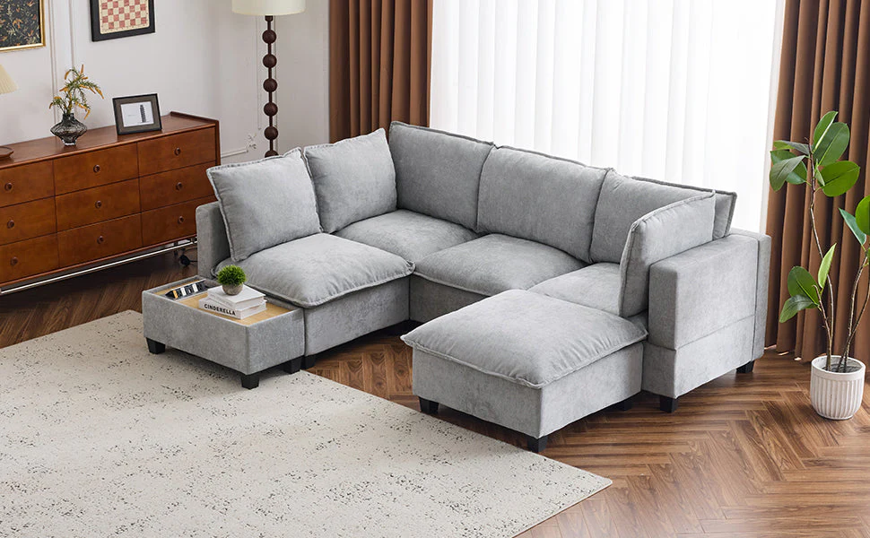 Walker Edison | Cloud Chenille Modular Sectional Sofa with Coffee Table