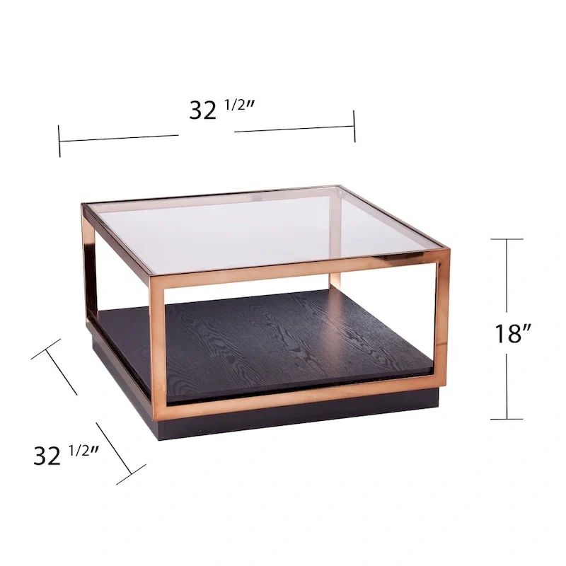 SEI Furniture Luna Transitional Square Metallic Coffee Table with Glass Top and Wood Base Shelf