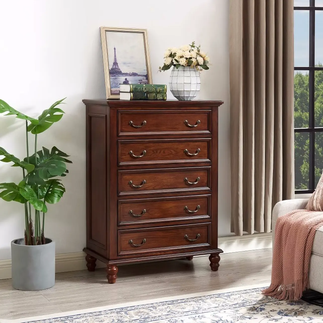 Traditional Brown Wooden Dresser with 5-Drawers for Bedroom