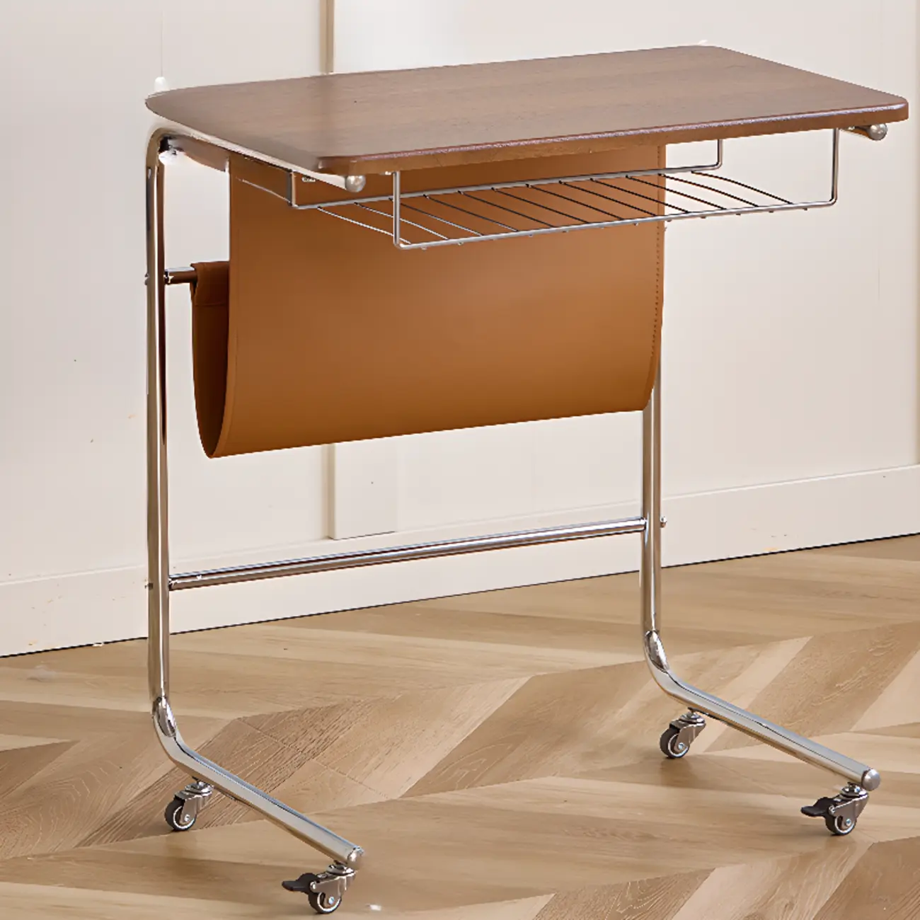 Wheeled Minimalist Wood Top Metal C-shaped Side Table