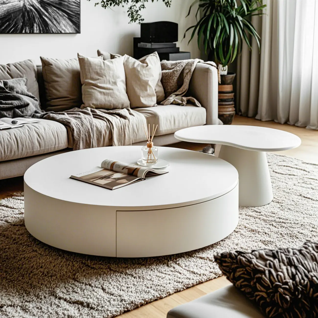Pure White Round Modern Wood Drawer Coffee Table