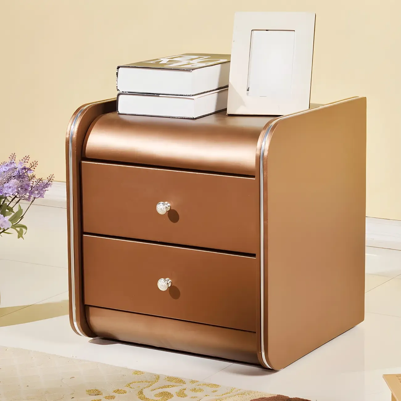 Stylish Narrow Faux Leather Bedside Table with 2 Drawers