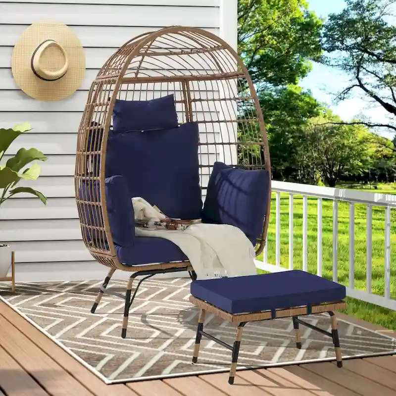 Oversized Wicker Egg Chair with Ottoman - 600lb Capacity Rattan Hanging Chair with Thick Cushions for Indoor/Outdoor Patio