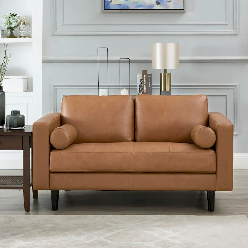 Luxury Cowhide Leather Loveseat with Firm Cushions, Spacious 2-Seat Design, and Bolster Pillows