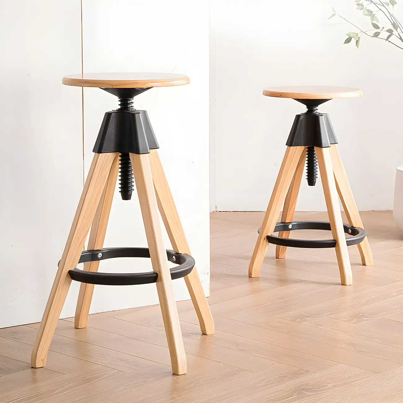 Adjustable Brown Wooden Swivel Backless Bar Stools