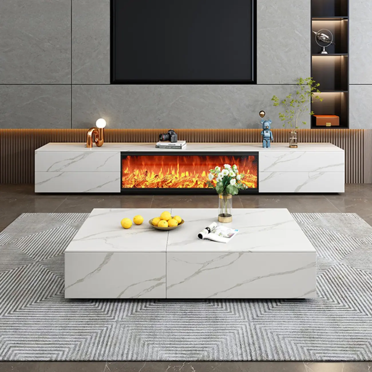 94.5 White Rectangle Stone TV Stand with Fireplace & Light