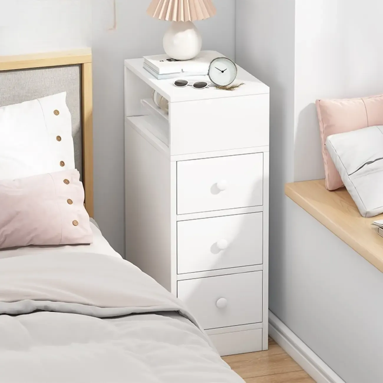 Wood Finish White Narrow Length Multi-Drawers Nightstand
