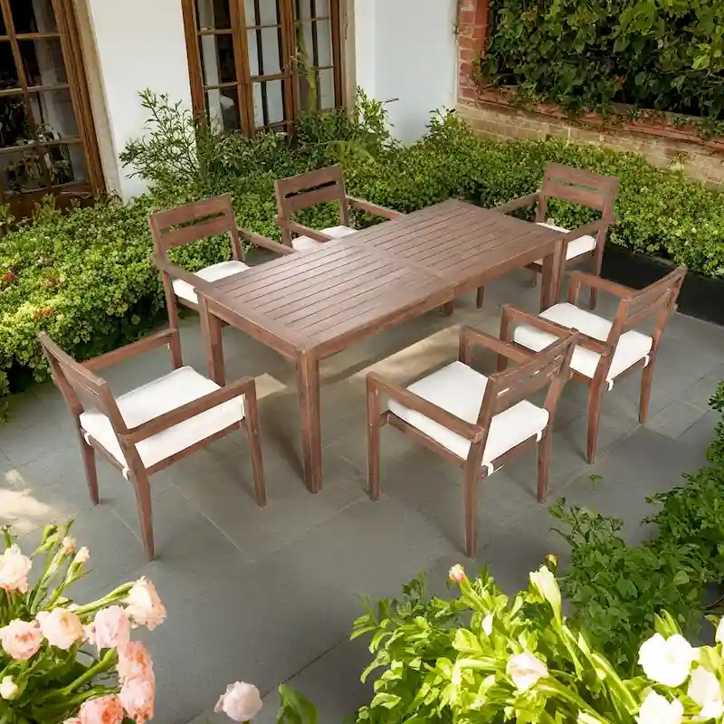 7-Piece Outdoor Acacia Wood Dining Set with Table and 6 Upholstered Chair